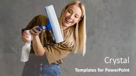  Presentation with pregnant woman cleaning - Slide deck with happy-european-woman-cleaning-glass background and a gray colored foreground