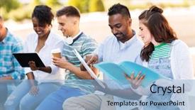  Presentation with international education - Beautiful theme featuring happy exchange students with notebook backdrop and a light blue colored foreground