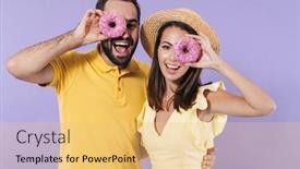  Presentation with donuts - Beautiful presentation design featuring happy-excited-beautiful-young-couple backdrop and a yellow colored foreground