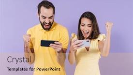  Presentation with mobile games - Beautiful slide set featuring happy-excited-beautiful-young-couple backdrop and a yellow colored foreground
