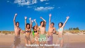  Presentation with teen girls - Theme enhanced with happy excited teen boys and girls group jumping at the beach splashing water background and a coral colored foreground