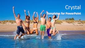  Presentation with teen girls - Beautiful PPT layouts featuring happy excited teen boys and girls group jumping at the beach splashing water backdrop and a teal colored foreground