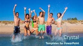  Presentation with teen girls - Audience pleasing presentation consisting of happy excited teen boys and girls group jumping at the beach splashing water backdrop and a ocean colored foreground