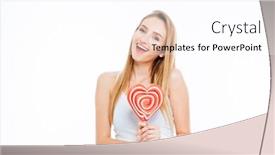  Presentation with lollipop - Cool new slides with happy excited young woman standing and holding heart shaped lollipop over white background backdrop and a pink colored foreground
