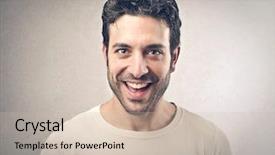  Presentation with prehistoric man - PPT theme enhanced with happy face - laughing young man background and a soft green colored foreground