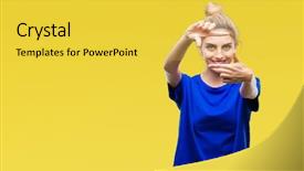  Presentation with blue eyes technology eye scan - Slides having happy face creativity and photography background and a yellow colored foreground