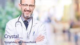  Presentation with doctor in hospital health insurance related icons healthcare person saving medical - Beautiful PPT layouts featuring happy face smiling with cross backdrop and a sky blue colored foreground