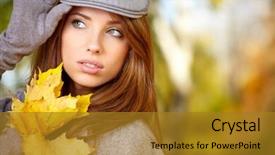  Presentation with fall leaves - Slide deck consisting of happy fall woman smiling joyful and blissful holding autumn leaves outside in colorful fall forest background and a gold colored foreground