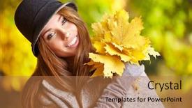  Presentation with fall leaves - PPT layouts enhanced with happy fall woman smiling joyful and blissful holding autumn leaves outside in colorful fall forest background and a coral colored foreground