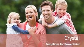  Presentation with children parents - Presentation consisting of happy family - parents giving children piggybacks background and a coral colored foreground