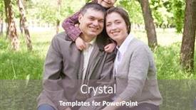  Presentation with summer trees - Presentation theme having happy family and child in summer park beautiful landscape with trees and green grass background and a gray colored foreground