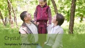  Presentation with summer trees - Slide deck having happy family and child in summer park beautiful landscape with trees and green grass background and a tawny brown colored foreground