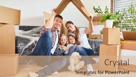  Presentation with family children - Cool new theme with happy family and children are looking forward to the new home as a home backdrop and a coral colored foreground