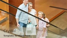  Presentation with family shopping - PPT layouts enhanced with happy family and two kids is riding on the escalator in shopping mall background and a coral colored foreground