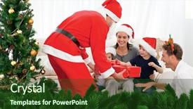  Presentation with family tree - Theme consisting of happy family at christmas evening at home against digitally generated fir tree branches background and a tawny brown colored foreground