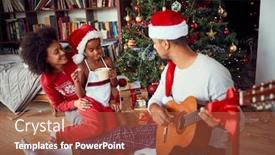  Presentation with christmas play - Amazing PPT theme having happy-family-at-christmas-morning backdrop and a red colored foreground