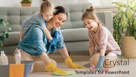 Presentation with young children - Presentation design featuring happy-family-at-home-mother background and a coral colored foreground