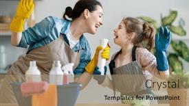  Presentation with woman child - Presentation design with happy-family-at-home-mother background and a coral colored foreground