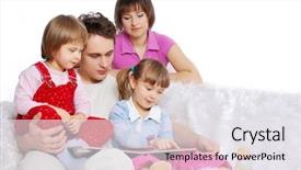  Presentation with family reading - PPT theme enhanced with happy family at home reading book background and a sky blue colored foreground