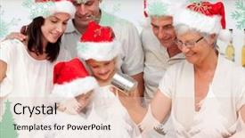  Presentation with christmas baking - Audience pleasing slides consisting of happy family baking christmas cakes against snowflakes and fir tree in green backdrop and a lemonade colored foreground