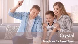  Presentation with banking bank vault door - Presentation theme enhanced with happy family breaking piggy bank background and a coral colored foreground