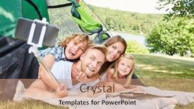  Presentation with family photo - Presentation design featuring happy-family-camping background and a coral colored foreground