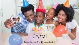  Presentation with happy birthday - Slide set featuring happy family celebrating a birthday together at home in the kitchen background and a coral colored foreground