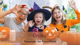  Presentation with family children - Slide set featuring happy-family-celebrating-halloween-grandmother background and a coral colored foreground