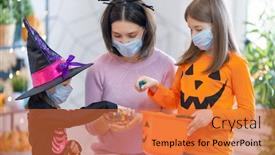  Presentation with face masks - Presentation design with happy-family-celebrating-halloween-mother background and a red colored foreground