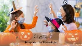  Presentation with face masks - PPT layouts enhanced with happy-family-celebrating-halloween-mother background and a coral colored foreground
