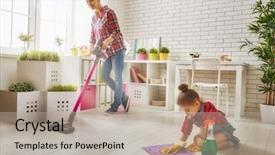  Presentation with woman child - Slide deck having happy family cleans the room background and a mint green colored foreground
