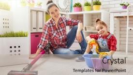  Presentation with woman child - PPT theme consisting of happy family cleans the room background and a mint green colored foreground