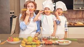  Presentation with family healthy eating - PPT layouts with happy-family-concept-funny-children background and a coral colored foreground