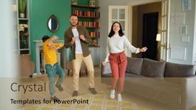  Presentation with free family - Presentation design with happy-family-dancing-in-living background and a coral colored foreground