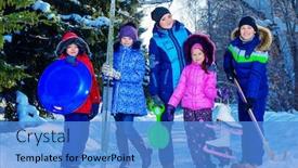 Presentation with snow day - Presentation design consisting of happy family enjoy sunny winter day snow winter clothes winter activity background and a teal colored foreground