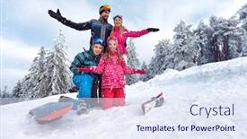  Presentation with winter family - PPT theme having happy family enjoying and having fun on winter vacation together on the mountain background and a sky blue colored foreground