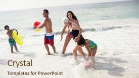  Presentation with follow up family - PPT layouts featuring happy family enjoying on beach background and a sky blue colored foreground