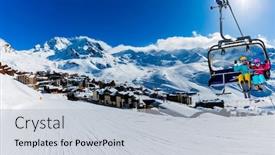 Presentation with winter family - Colorful presentation design enhanced with happy family enjoying winter vacations in mountains val thorens 3 valleys france playing with snow and sun in high mountains winter holidays backdrop and a light blue colored foreground