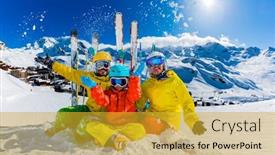  Presentation with winter family - Audience pleasing PPT theme consisting of happy-family-enjoying-winter-vacations backdrop and a gold colored foreground