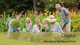  Presentation with family day - PPT theme enhanced with happy family gardening on a sunny day background and a yellow colored foreground