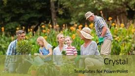  Presentation with family day - PPT layouts featuring happy family gardening on a sunny day background and a gold colored foreground