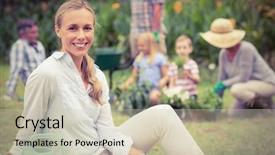  Presentation with family day - Beautiful presentation theme featuring happy family gardening on a sunny day backdrop and a soft green colored foreground