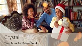  Presentation with christmas presents - PPT theme consisting of happy-family-gives-presents-child background and a mint green colored foreground