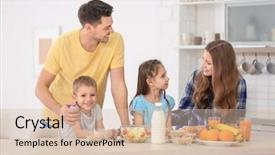  Presentation with portrait happy family smiling - Presentation theme featuring happy family having breakfast background and a soft green colored foreground