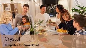  Presentation with dinner party - Beautiful presentation featuring happy family having dinner party backdrop and a coral colored foreground