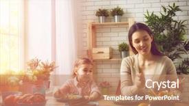  Presentation with dinner - PPT theme enhanced with happy family having dinner together sitting at the rustic wooden table mother and her daughter enjoying family dinner together background and a coral colored foreground