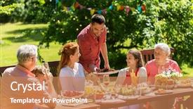  Presentation with summer party - Colorful slides enhanced with leisure holidays and people concept backdrop and a coral colored foreground