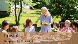  Presentation with party time - Amazing slide deck having dine time - leisure holidays and people concept backdrop and a coral colored foreground