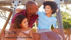  Presentation with children climbing - Slides featuring happy family having fun outdoors - father with children on playground background and a  colored foreground