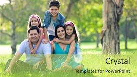  Presentation with green trees in park - Slide deck consisting of happy family having fun outdoors background and a yellow colored foreground